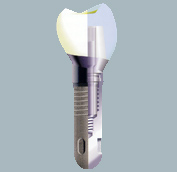 Der Aufbau eines Zahnimplantats im Modell vor neutralem Hintergrund.